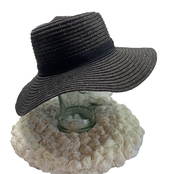 Fair Weather Black Straw Wide Brim Heart Crown Sun Hat - Picture 5 of 12